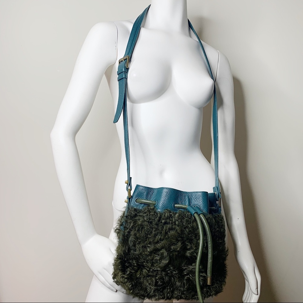 Emm Kuo dark green lamb leather furry bucket bag